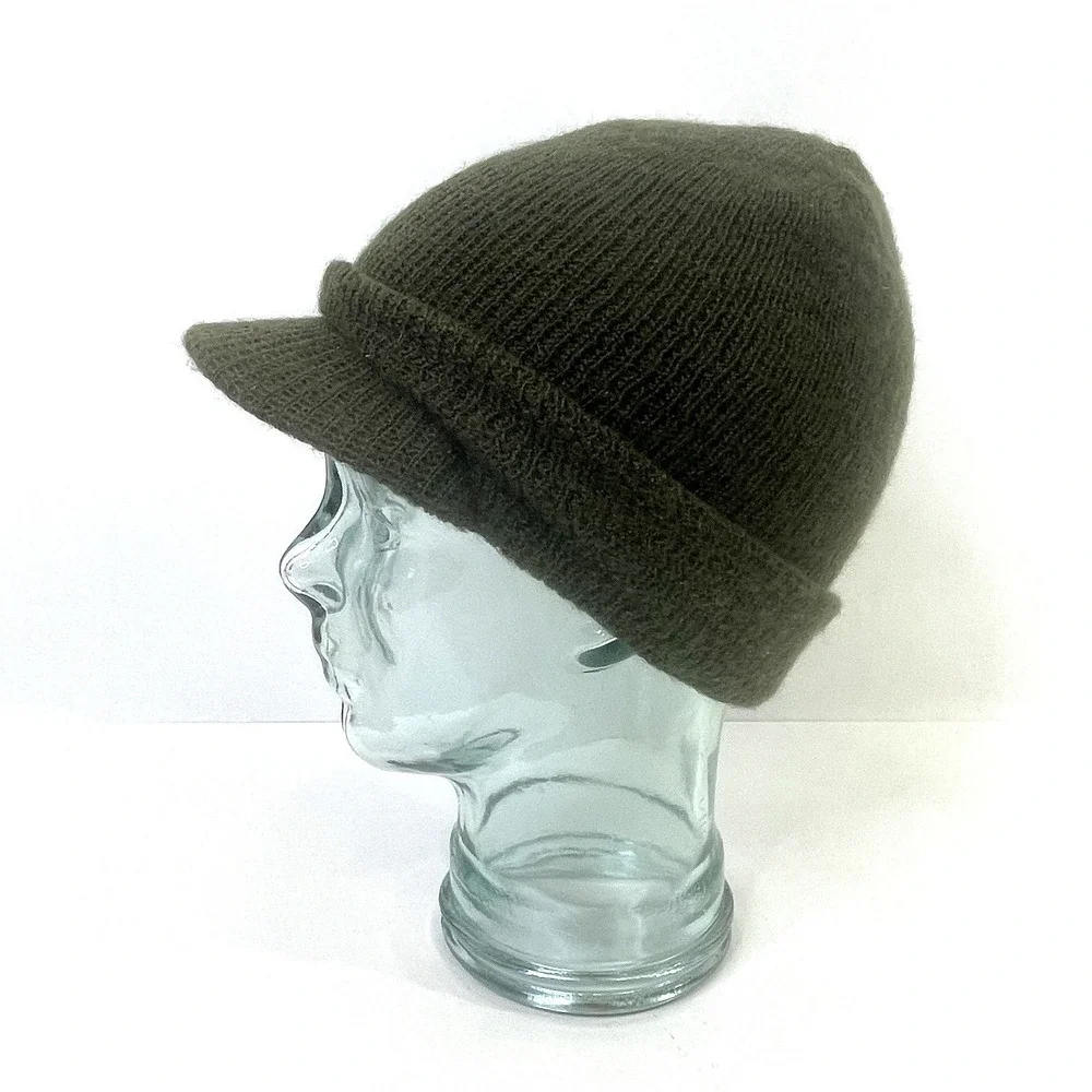 US Army Wool Watch Cap Green‎ Knit Visor Hat Beanie Vintage 80s Made in USA